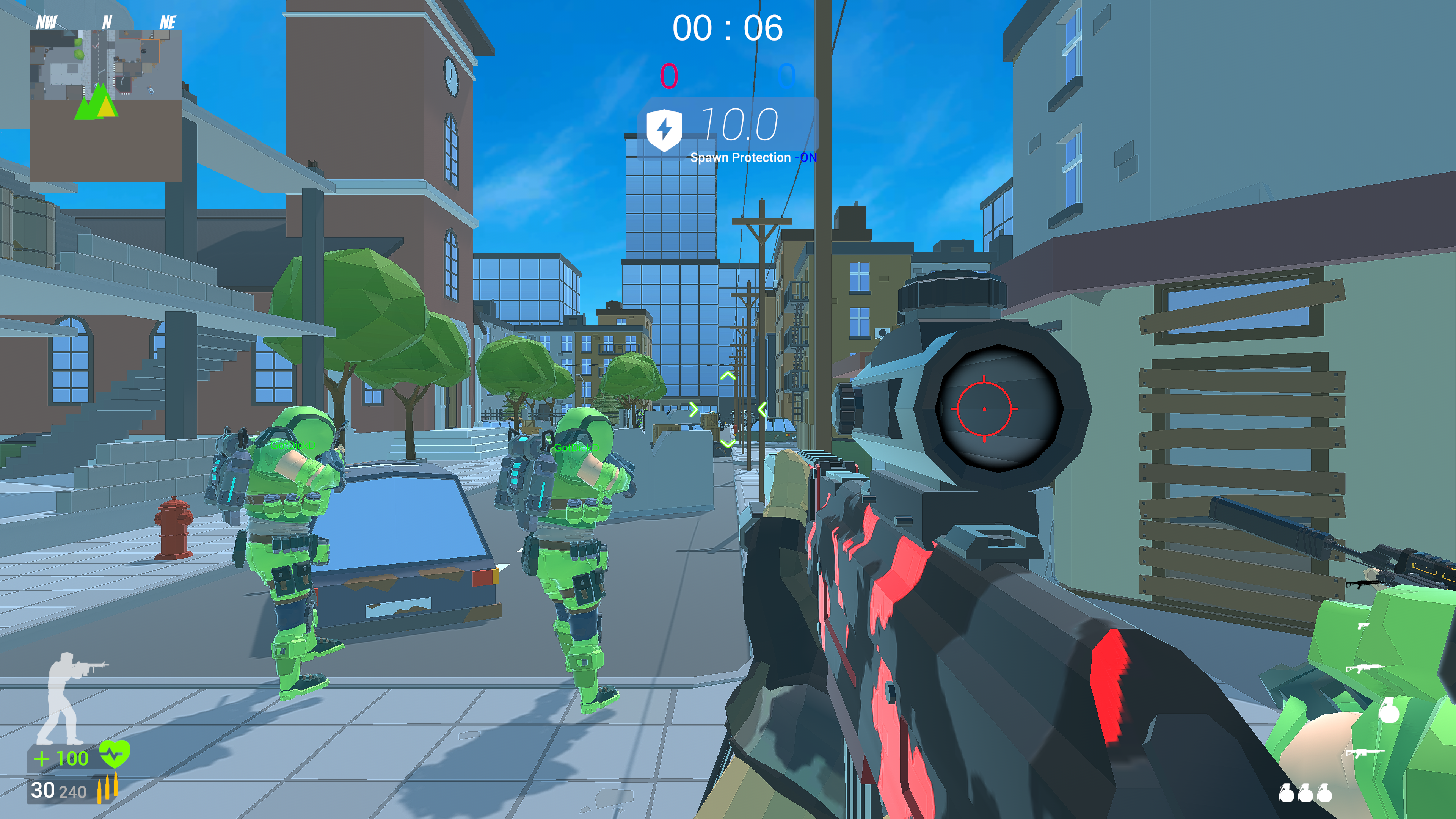 AI teammates advancing through the urban map